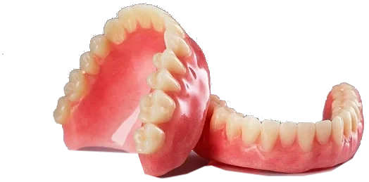 Dentadura removível tradicional, com base de resina que cobre o céu da boca