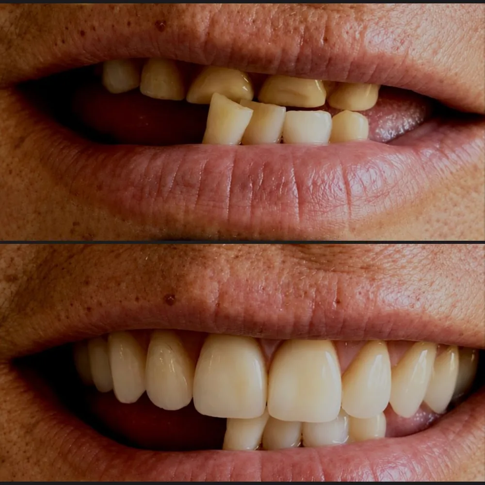 Paciente do Dr. Arcanjo Victor antes e depois da reabilitação com dentes fixos